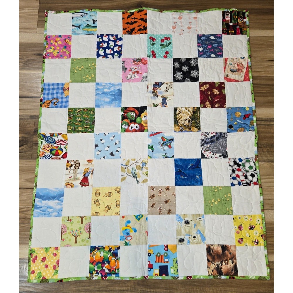 Hand Made Patchwork Reversible Blanket Kids Lap Blanket 44.5" x 36" Homemade